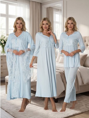 Lohussa Kadın Mavi Tasarım Prenses Kollu Pamuklu Hamile Lohusa Sabahlık Pijama Takımı Gecelik Set
