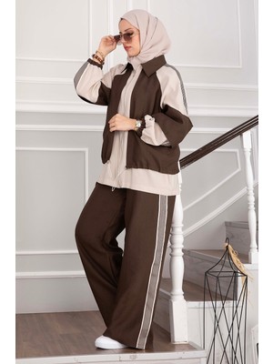 Ebru Tesettür Oversize Fermuarlı Ikili Spor Takım Kahve