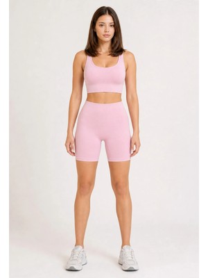 Formactive U Yaka Büstiyer ve Push Up Şortlu Spor Tayt Takım - Pembe / 1920-1950