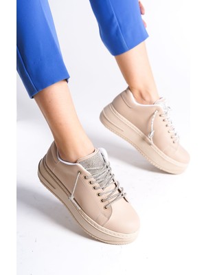 Softflex Bağcıklı Taşlı Ortopedik Kadın Sneaker - Ten