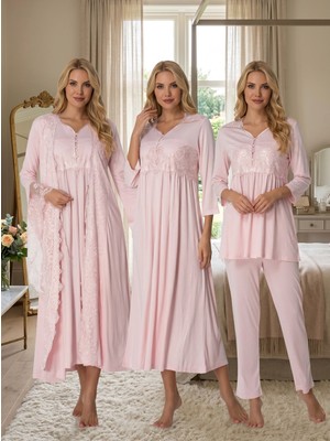 Lohussa Kadın Pembe Tasarım Prenses Kollu Pamuklu Hamile Lohusa Sabahlık Pijama Takımı Gecelik Set