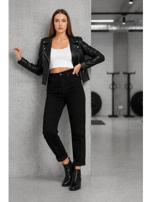Woddi Kadın Jeans Siyah Mom Jean Yüksek Bel Denim Kot Pantolon