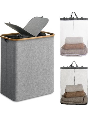 MİEN Mien Bambu Kenarlı Kumaş Katlanabilir 150 Lt Çamaşır Sepeti 57x37x70