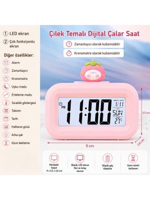 Çilek Temalı Dijital Çalar Saat – LED Ekranlı, Çok Fonksiyonlu, Zamanlayıcı ve Kronometre Özellikli, Sıcaklık, Tarih ve Hafta Günü Göstergeli Masa Saati