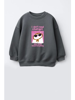Monila Kız Çocuk 3 Iplik Kumaş Kedi Baskılı Pamuklu Sweatshirt