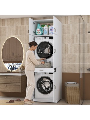Rani Mobilya Rani KD146 Çamaşır ve Kurutma Makinesi Dolabı 4 Kapaklı Çekmeceli Banyo Dolabı Beyaz