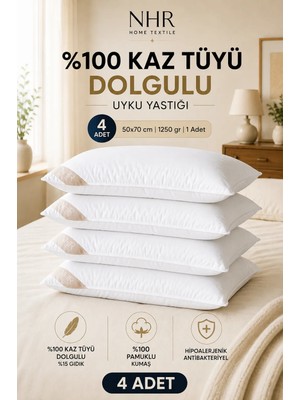 Nhr Home  4 Adet / %100 Kaz Tüyü Dolgulu, %15 Gıdık , Antibakteriyel, Uyku Yastığı / 50 x 70 1250GR 