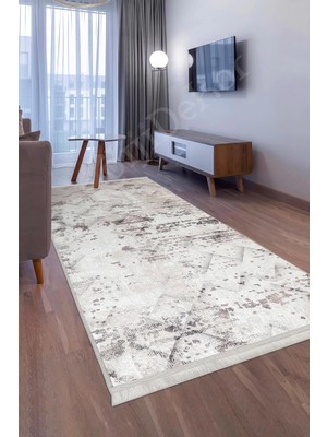 Asitan Halı Bej Cool K1280 Yıkanabilir Saçaklı Kesme Ince Yolluk Kilim Salon Halısı Modelleri, 120X18