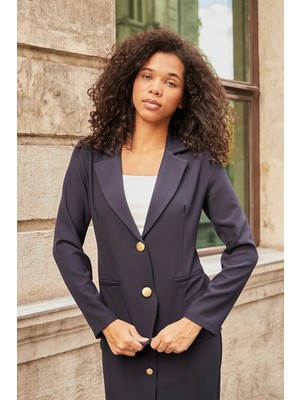 Jument Kadın Yakalı Çift Düğmeli Flato Cepli Uzun Kol Blazer Esnek Premium Kumaş Ceket-Lacivert