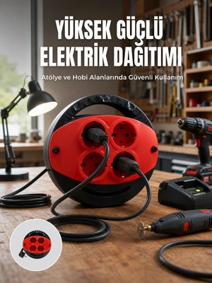 Aparim 5 Metre Uzatma Kablolu 4 Prizli Makara Kırmızı