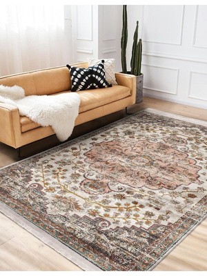 Asitan Krem Çok Renkli Zeminde Uşak Motifli Dokuma Halı Desenli Avangarde Vintage Salon Kaymaz Saçaklı