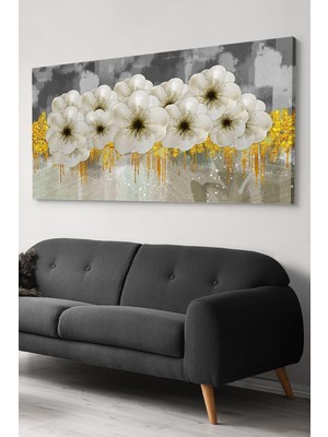 Asitan Modern Çiçek Desenli Altın ve Beyaz Tablo - Minimalist Duvar Dekoru Tek Parça Kanvas - Canvas Ta