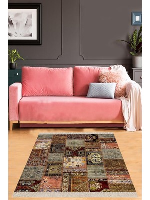 Asitan Pelangi Patchwork Kırkyama Desenli Dijital Baskı Yıkanabilir Kaymaz Taban Etnik Salon Halısı, K