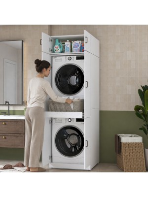 Rani Mobilya Rani KD142 Çamaşır ve Kurutma Makinesi Dolabı 6 Kapaklı Çekmeceli Raflı Banyo Dolabı Beyaz