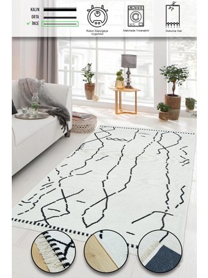 Asitan Iskandinav Kaymaz Taban Saçaklı Dokuma Örgü Yıkanabilir Salon Oturma Odası Yolluk Kilim Cream