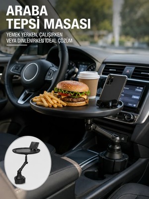Aparim Araç Içi 360° Ayarlanabilir Bardaklık Tepsisi Geniş Yüzeyli ve Telefon Standlı Yeni Nesil