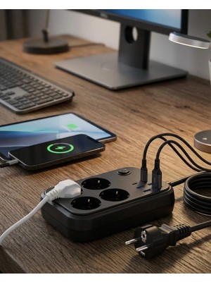 Aparim Termal Korumalı Uzatma Kablosu 4 Priz USB ve Type C Çoklu Şarj Istasyonu
