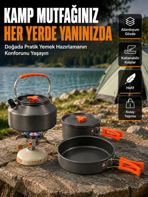 Aparim Katlanabilir Kulplu Alüminyum Kamp Tencere Tava Çaydanlık Seti Piknik ve Doğa Kampı Için