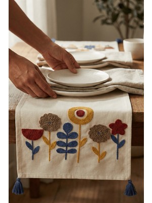 Destiva Home Buldan Işi Çiçek Desen Nakışlı Püsküllü Pamuk Runner (40X130 Cm)