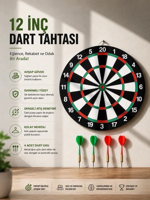 Aparim 12 Inç Ahşap Dart Tahtası 4 Adet Metal Uçlu Dart Oku Dahil