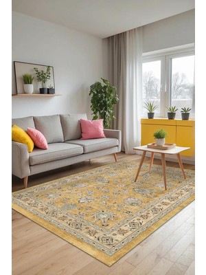 Asitan Serein Vintage Desenli Şönil Pamuk Tabanlı Yıkanabilir Kaymaz Antibakteriyel Salon Halısı 120X