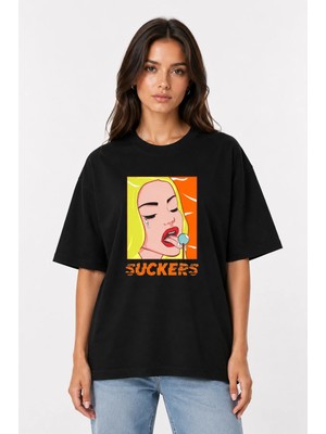 Unisex Kadın Erkek Sucker Lolipop Kadın Ön Baskılı Oversize Kalın Kumaş Rahat Kesim T-Shirt