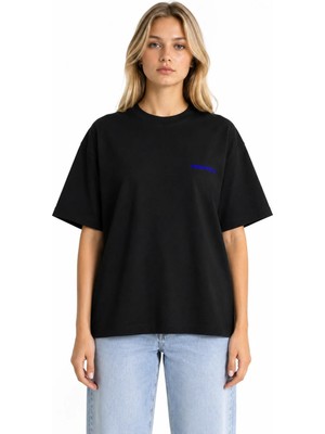 Unisex Kadın Erkek Yazılı Logo Ön Baskılı Oversize Kalın Kumaş Rahat Kesim Pamuklu T-Shirt