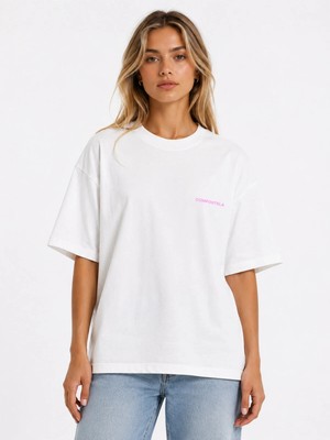Unisex Kadın Erkek Yazılı Logo Ön Baskılı Oversize Kalın Kumaş Rahat Kesim Pamuklu T-Shirt