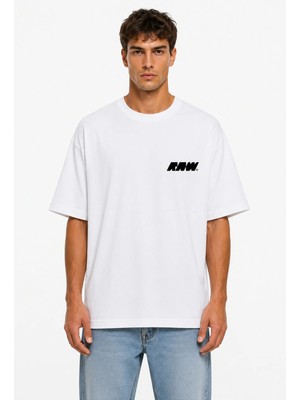 Unisex Kadın Erkek Raw Yazı Logo Ön Baskılı Oversize Kalın Kumaş Rahat Kesim Pamuklu T-Shirt