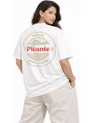 Unisex Picante Sarı Ön Perello Sırt Baskılı Oversize Kalın Kumaş Rahat Kesim Pamuklu T-Shirt