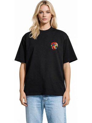 Unisex Kadın Erkek Graffiti Elma Tasarımlı Ön Baskılı Oversize Kalın Kumaş Rahat Kesim Pamuklu T-Shirt