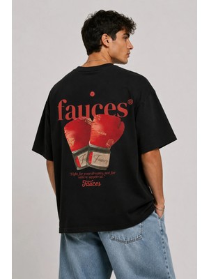 Unisex Kadın Erkek Fauces Boks Eldiven Desen Baskılı Oversize Kalın Kumaş Rahat Kesim Pamuklu T-Shirt