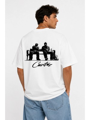 Unisex Cortiez Ikili Adam ve Bank Sırt Desen Baskılı Oversize Kalın Kumaş Rahat Kesim Pamuklu T-Shirt