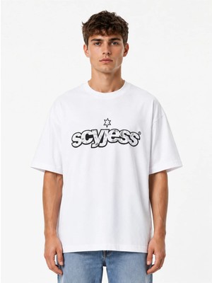 Unisex Kadın Erkek Scyjess Eskitme Logo Tasarım Baskılı Oversize Kalın Kumaş Rahat Kesim T-Shirt