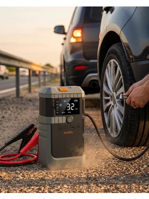 Aparim Araç Akü Takviye Powerbank Lastik Şişirme Kompresörü LED Işıklı Çok Fonksiyonlu Acil Durum Cihazı