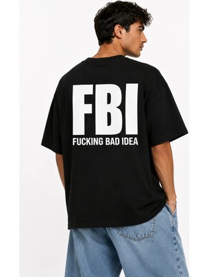 Unisex Kadın Erkek Fbı Yazılı Sırt Baskılı Oversize Kalın Kumaş Rahat Kesim Pamuklu T-Shirt