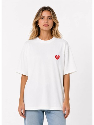Unisex Kadın Erkek Human Made Kırmızı Kalp Logo Baskılı Oversize Kalın Kumaş Rahat Kesim T-Shirt