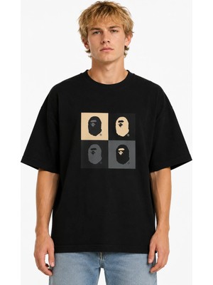Unisex Kadın Erkek Bape Kara Tasarım Baskılı Oversize Kalın Kumaş Rahat Kesim T-Shirt