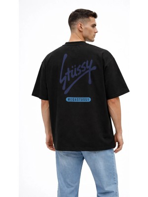 Unisex Kadın Erkek Mega Stussy Asimetrik Sırt Baskılı Oversize Kalın Kumaş Rahat Kesim Pamuklu T-Shirt