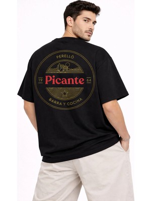 Unisex Picante Sarı Ön Perello Sırt Baskılı Oversize Kalın Kumaş Rahat Kesim Pamuklu T-Shirt