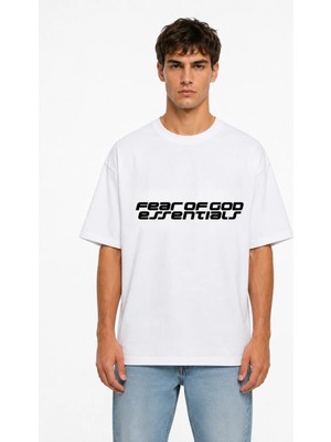 Unisex Kadın Erkek Essentials Orta Ön Baskılı Oversize Kalın Kumaş Rahat Kesim Pamuklu T-Shirt
