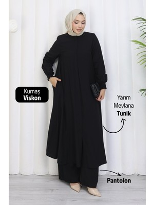 Moda Hayme Viskon Alt Üst Ikili Tesettür Takım Yarım Mevlana Tunik ve Pantolon Bir Arada  Siyah