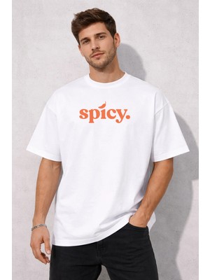 Unisex Kadın Erkek Spicy Biber Turuncu Baskılı Oversize Kalın Kumaş Rahat Kesim Pamuklu T-Shirt