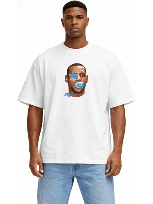 Unisex Kadın Erkek Lebron James Yüz Baskılı Oversize Kalın Kumaş Rahat Kesim Pamuklu T-Shirt