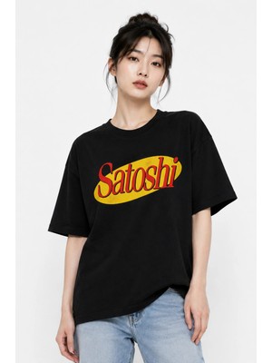 Unisex Kadın Erkek Satoshi Yazılı Sarı Ön Baskılı Oversize Kalın Kumaş Rahat Kesim T-Shirt