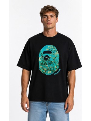 Unisex Kadın Erkek Bape Yeşil Bitki Tasarım Ön Baskılı Oversize Kalın Kumaş Rahat Kesim T-Shirt