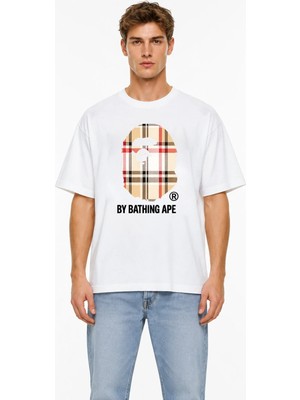 Unisex Kadın Erkek Bape Burr Ekoseli Bej Ön Baskılı Oversize Kalın Kumaş Rahat Kesim T-Shirt