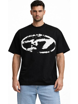 Unisex Kadın Erkek D Eskitme Ön Desen Baskılı Oversize Kalın Kumaş Rahat Kesim Pamuklu T-Shirt