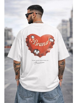 Unisex Kadın Erkek Brand Kalp Sırt Baskılı Oversize Kalın Kumaş Rahat Kesim Pamuklu T-Shirt