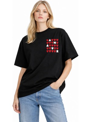 Unisex Kadın Erkek Amour Çok Kalpli Logo Baskılı Oversize Kalın Kumaş Rahat Kesim Pamuklu T-Shirt